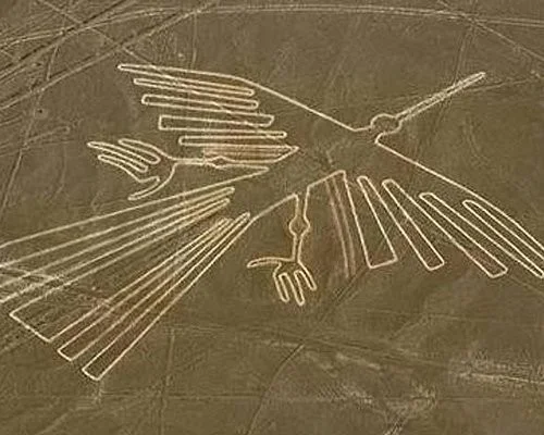 Vista aérea de la figura geoglifo del Colibrí en las Líneas de Nazca en el desierto de Ica